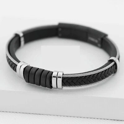 Men's Stainless Steel 8.5" Black Cable Braided Leather Magnetic Bracelet,BOX - Image 1 of 3