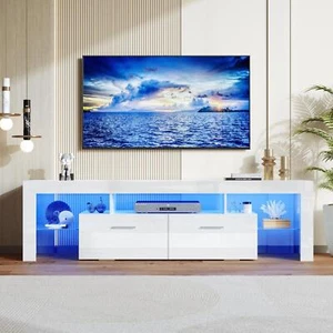 Sleek LED White Console Table Stand For TVs Up To 70" Entertainment Unit Drawers - Picture 1 of 24