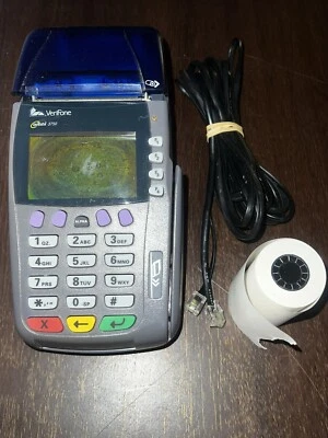 Verifone Omni 3750 Gray & Blue Wired Digital POS W/ Ethernet Cable + Paper Roll - Image 1 of 4