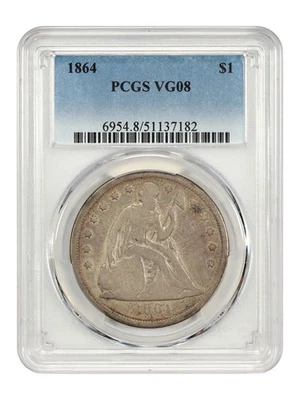 1864 $1 graduación profesional VG08 - Dólar Liberty Seated - Dura fecha de la Guerra Civil Foto 1 de 4