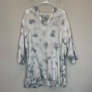 C&C California Linen Top Women's Plus Size 3X White Gray Tie Dye Hooded Tunic - Picture 1 of 12