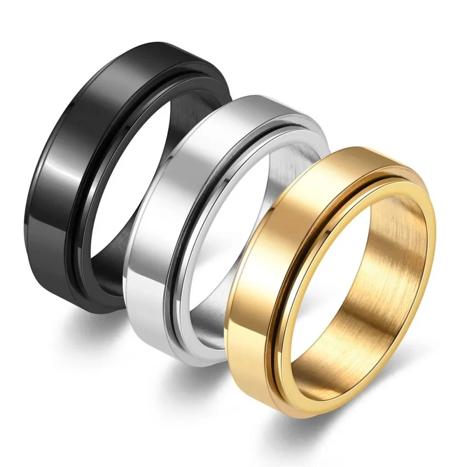 Anillo giratorio negro de acero inoxidable para hombres banda de estrés suave redonda inquietante joyería Foto 1 de 4