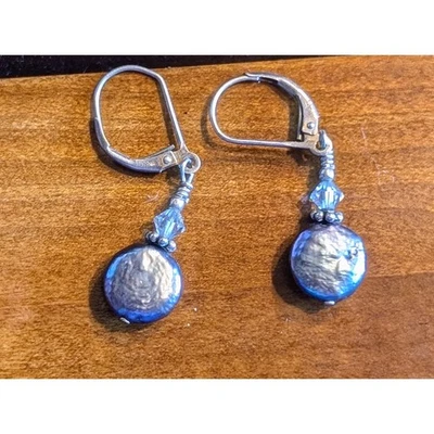 Natural Peacock Flat Coin Dangling Pearl 925 Sterling Silver Lever Back Earrings - Image 1 of 4