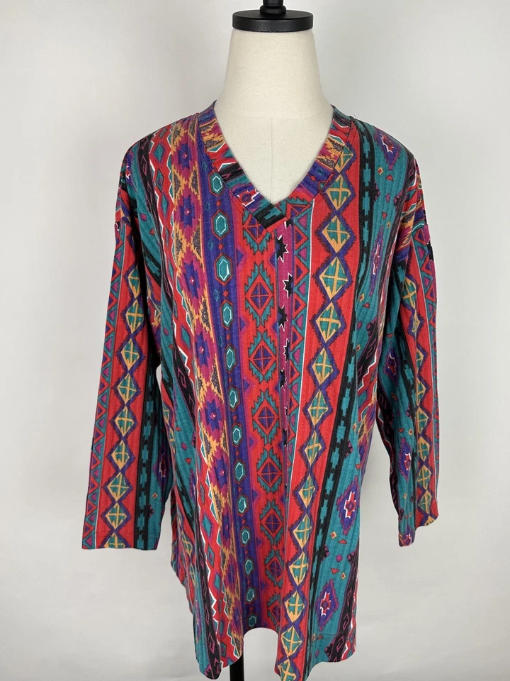 Vintage Southwestern T-Shirt MATERNITY L Colorful Jewel Tone Stripe Western Mom  - Image 1 of 4
