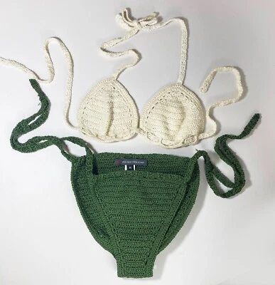 Bikini Boutique Boho Crema Crochet Tanga, Verde y Marfil Talla M Foto 1 de 4