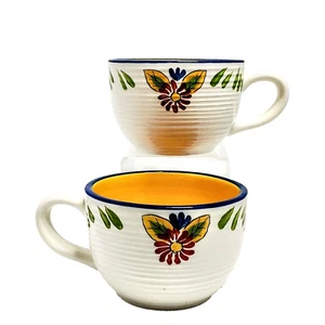 2 Clay Art Soup Coffee Mugs Cream Yellow Floral  18oz - Picture 1 of 9