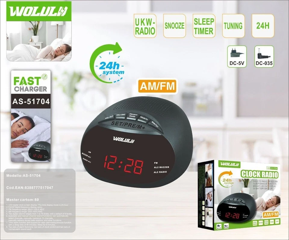 WOLULU AS-51704 Radiosveglia AM/FM con Snooze Timer Sonno Display 24h - Immagine 1 di 1