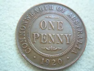 AUSTRALIA penny 1920 good VF NO DOTS Scarce King George V. Britain - Picture 1 of 7