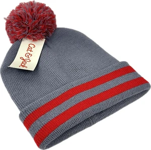 Cat and Jack Jungen grau rot Acryl Strick Bommel gestreift Bündchen Freizeit Beanie Mütze Einheitsgröße - Bild 1 von 2