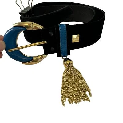 Cinturón Carlisle Mujer 32 Negro Azul Hebilla Cuero Boho Borla Dorada 5459  Foto 1 de 4