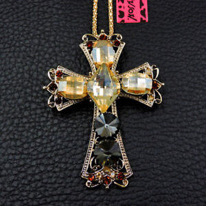 Betsey Johnson Bling Inlaid Crystal Gold Cross Pendant Sweater Chain Necklace