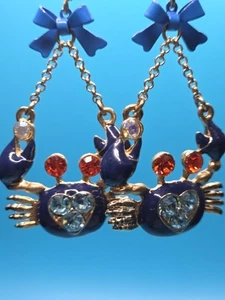 Betsey Johnson Crab Earrings Blue Enamel Rhinestone Dangle with Bow Nautical Fun - Picture 1 of 5