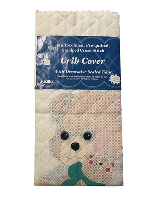 复古 Bucilla 可爱泰迪熊冲压十字绣婴儿床 30 x 40 被子 — 第 1/4 张图片