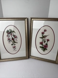Vtg Large Hummingbird Flowers Needlepoint Embroidery Framed Art 20x15" (2) - Picture 1 of 14