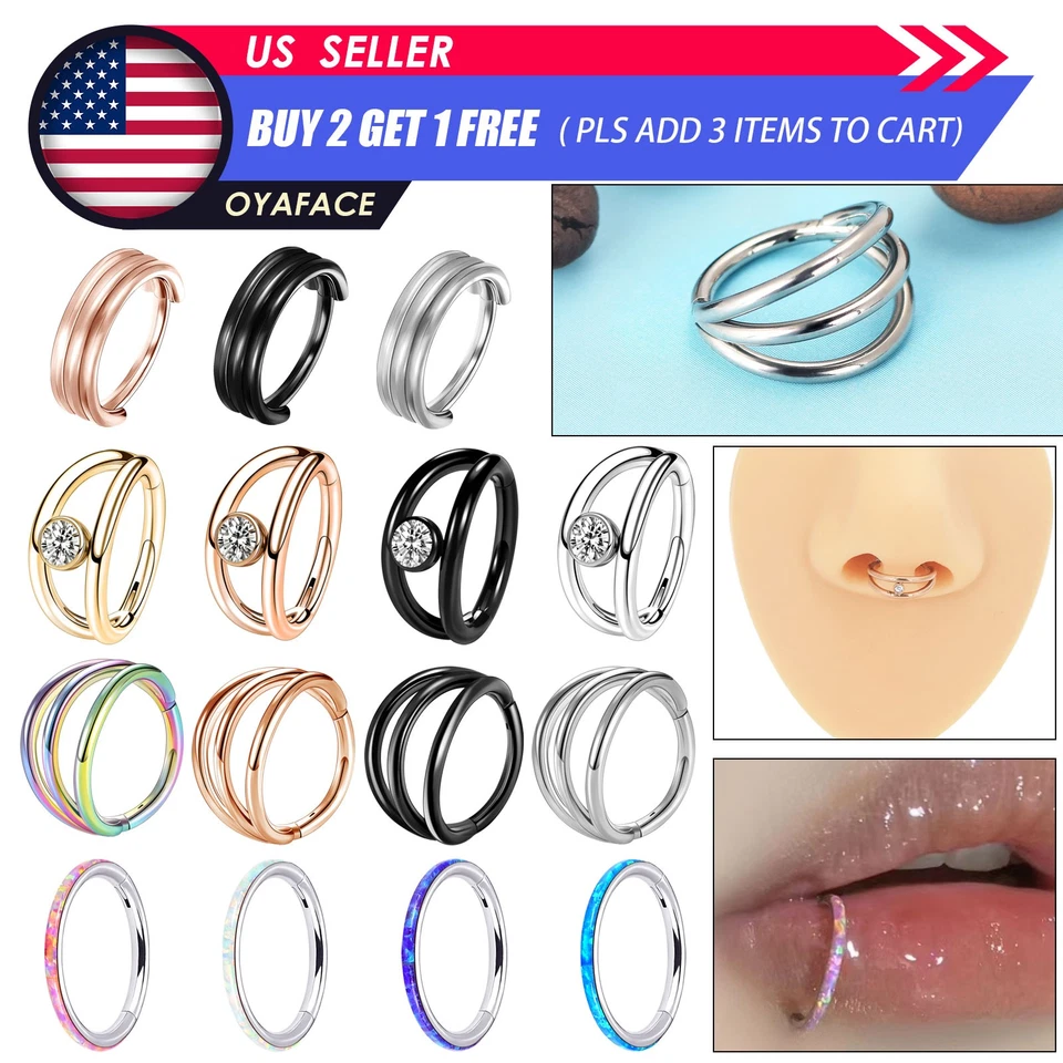 16G Opal CZ Nose Hoop Rings Septum Clicker Surgical Steel Daith Tragus Piercing - Image 1 of 4