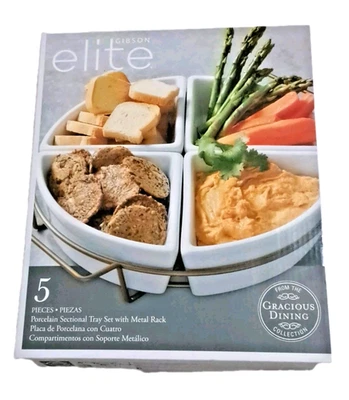 Gibson Elite 5 Piece Porcelain Tray Set With Metal Rackh New In Box - Image 1 of 4
