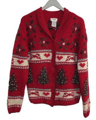 Vintage Talbots Christmas Tree Hand Knit Button Cardigan Lambs Wool Womens L - Image 1 of 4