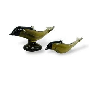 Coppia 2 statuine vintage delfino vetro artistico soffiato ambra fumo firmate W Ward 1994 HTF - Foto 1 di 22