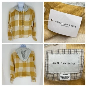 American Eagle NWT Oversized Hooded Cropped Plaid Flannel Medium Grunge Festival - Picture 1 of 13