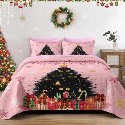 Christmas Full/Queen Size Quilt Set, Black Cat Xmas Trees Lightweight Bedspre... - Image 1 of 4