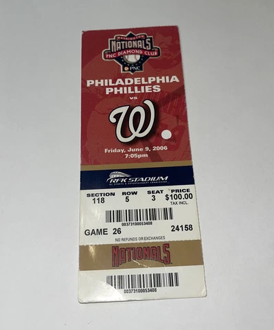 Washington Nationals Vs Philadelphia PhilliesGame Day ticket Stub. 6/9/2006 Cover