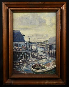 Vintage Original Impressionist Seascape Oil on Canvas "Harbor Village Scene" - Picture 1 of 14
