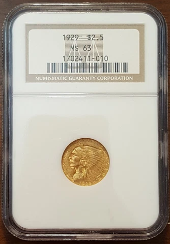 1929 Gold United States $2.5 Dollar Indian Head Quarter Eagle Coin MS63 NGC Cover