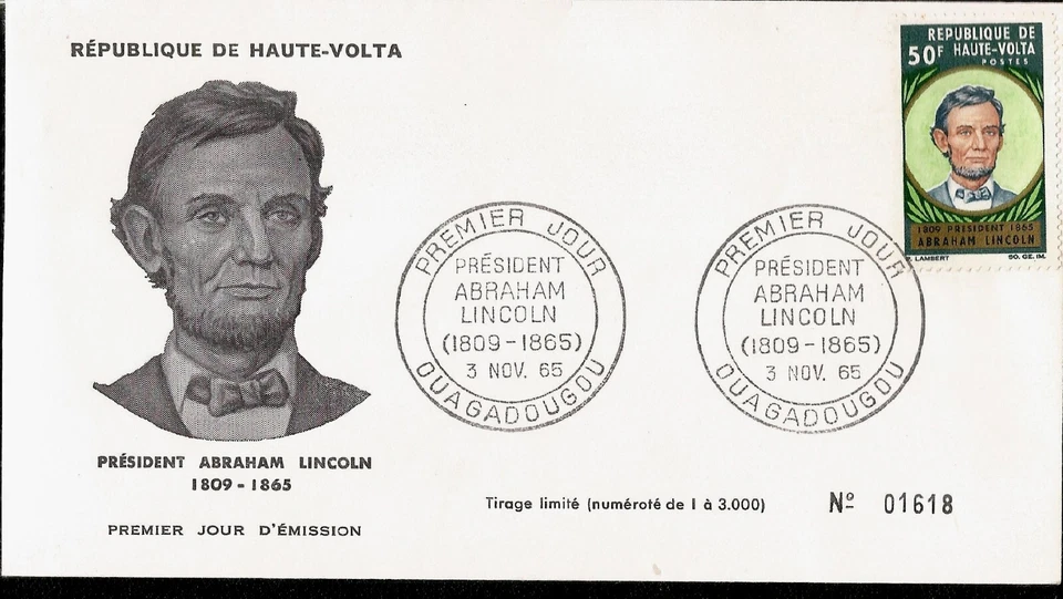 Abraham Lincoln 16º Presidente de EE. UU. Primer Día Cubierta 1965 Alto Volta Burkina Faso Foto 1 de 3