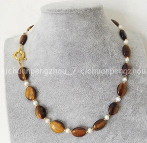 Natural 13x18mm Yellow Tiger's Eye Oval Gems Beads 7-8mm White Pearl Necklace - Picture 1 of 18