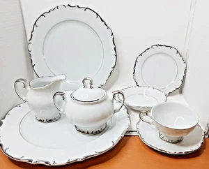 Nobility by Bristol Silberrand Porzellan Geschirr Gedeck für 4 & Zucker & Milchkännchen - Bild 1 von 21