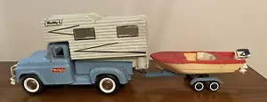 Vintage Buddy L Camper Truck, Boat Trailer, Boat With Motor, Blue Pressed Steel - Picture 1 of 16