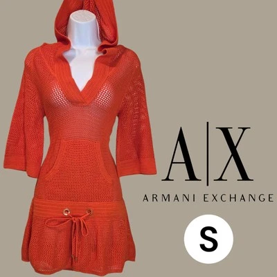 ARMANI EXCHANGE Crochet Swimsuit Bikini Coverup Hoodie top in orange - SMALL - Image 1 of 4