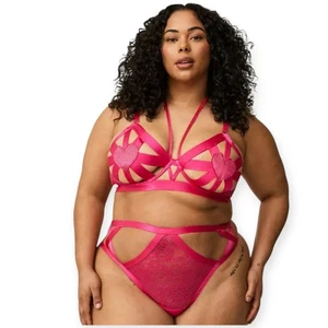 3X 22W 24W Torrid Pink Heart Rhinestone Bra Panty Set Strappy Lingerie Valentine - Picture 1 of 11