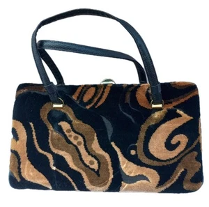 Vtg Cara Ladies Black Gold Brown Textured Carpet Hippy/Mod Purse Bag  - Picture 1 of 8