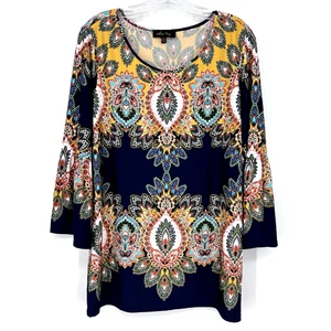 Melissa Paige Geometric Top X-Large Navy Multicolor Fall Winter Boho Scoop - Picture 1 of 6