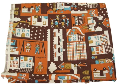 De colección 35 pulgadas años 70 ~ Panel de tela de algodón ~ Ciudad primitiva ~ Ciudad ~ Niños ~ Naranja ~ Marrón Foto 1 de 4