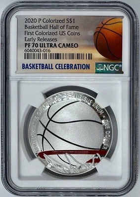 2020 P $1 Basketball Hall of Fame Silver Coin NGC PF70UCAM Color Early Releases - Image 1 of 2