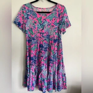 Lilly Pulitzer T-Shirt Jodee Dress Untamed Hearts Leopard Plumeria Blue Small - Bild 1 von 7