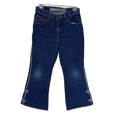 Pantalones de mezclilla Mudd para niñas azules talla 12/14 acampanados W28 entrepierna 21,5” mariposas años 90 de colección Y2K Foto 1 de 4