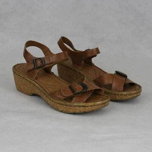 Josef Seibel Brown Leather Cork Wedge Sandal w/ Adjustable Ankle Strap SZ 7 EUC - Picture 1 of 9