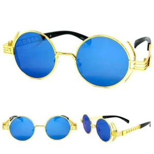 Mens Classic RETRO Modern STEAMPUNK Cyber SUN GLASSES Round Gold Frame Blue Lens - Picture 1 of 6