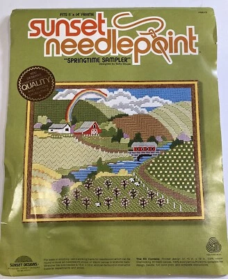 Sunset Needlepoint Springtime Sampler Vtg Sally Shupe Canvas Chart Only ‘78 Barn - Image 1 of 4