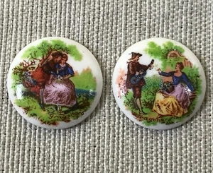 2 Fragonard Victorian Lady & Suitor Small Porcelain Medallion Disc Buttons - Picture 1 of 8