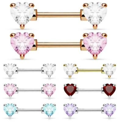 Nipple Bar Nipple Heart Barbell Crystal Gem Round Prong Setting Surgical Steel - Image 1 of 4