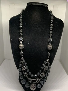 1928 Black Faceted Gunmetal Beaded Statement Necklace 18” Signed - Picture 1 of 5