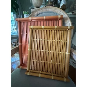 Vintage Rattan Bamboo Trays Tiki Lap TV Serving Set of 2 bohemian displays 16x14 - Picture 1 of 15