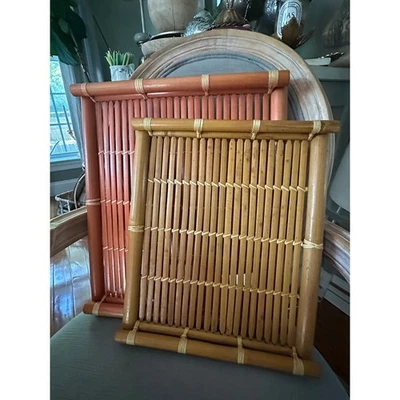 Vintage Rattan Bamboo Trays Tiki Lap TV Serving Set of 2 bohemian displays 16x14 - Image 1 of 4