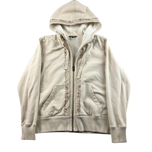 OFF WHITE Felpa foderata in pile Eddie Bauer con cappuccio panna beige ricamata accogliente taglia XL