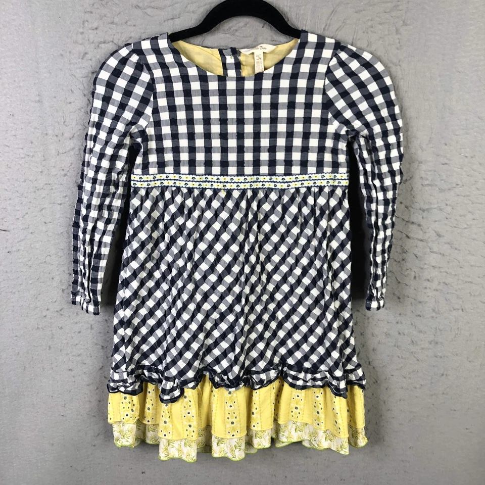 Matilda Jane Dress Girls 8 Navy White Gingham Long Sleeve Yellow Ruffle Eyelet - Image 1 of 4