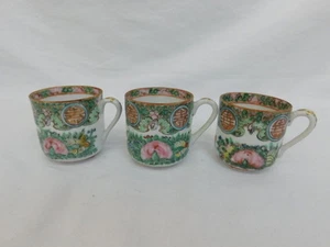 CHINESE CANTON FAMILLE ROSE CHINA BUTTERFLY MEDALLION 3 DEMITASSE CUPS - Picture 1 of 11